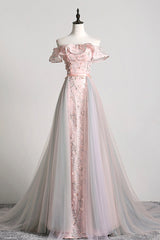 Evening Dress For Wedding Guest, Pink Tulle Long A-Line Prom Dress with Train, Off the Shoulder Formal Evening Dress