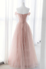 Bridesmaid Dress Long Sleeve, Pink Tulle Long A-Line Prom Dresses, Pink Evening Dresses with Bow