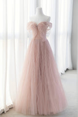 Bridesmaids Dresses Long Sleeves, Pink Tulle Long A-Line Prom Dresses, Pink Evening Dresses with Bow