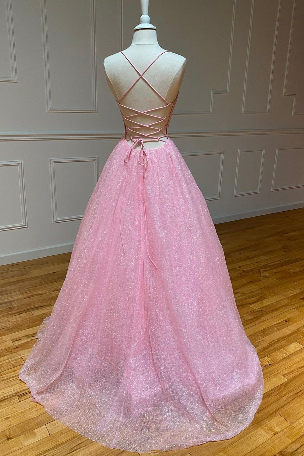 Prom Dresses Blushes, Pink Tulle Long Backless Prom Dress, A-Line V Neck Party Dress