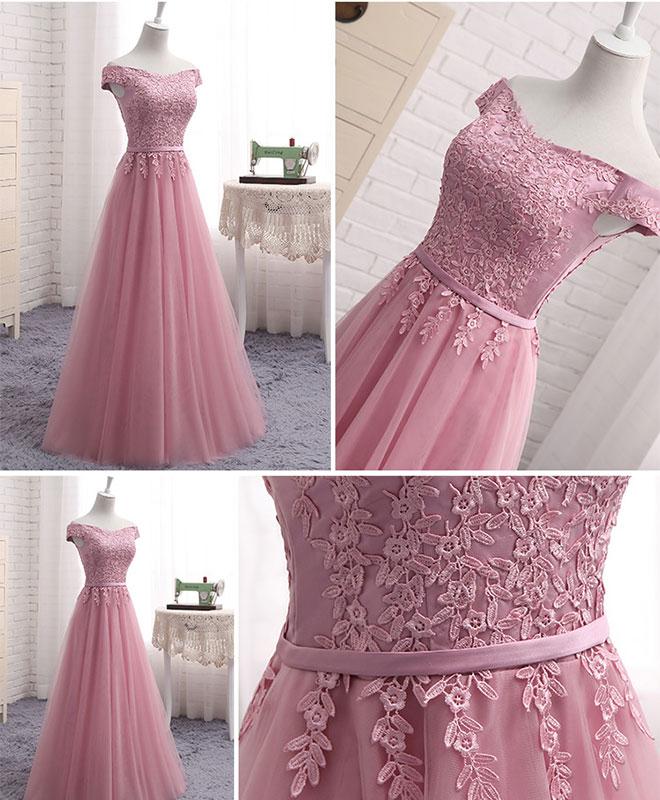 9 Th Grade Dance Dress, Pink Tulle Long Party Dress , Cute Off Shoulder Bridesmaid Dresses