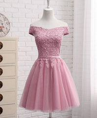 Pink Formal Dress, Pink Tulle Long Party Dress , Cute Off Shoulder Bridesmaid Dresses