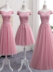 Open Back Prom Dress, Pink Tulle Long Party Dress , Cute Off Shoulder Bridesmaid Dresses
