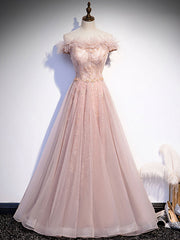 Party Dresses Shops, Pink Tulle Long Prom Dress, A line Pink Formal Graduation Dresses