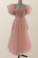 Prom Dresses Outfits Fall Casual, Pink Tulle Midi Dress with Short Puffy Sleeves