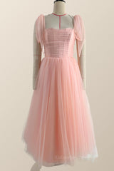 Prom Dress Silk, Pink Tulle Midi Dress with Short Puffy Sleeves