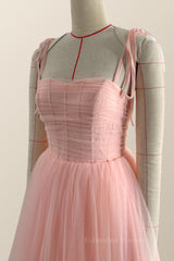 Prom Dresses Long Open Back, Pink Tulle Midi Dress with Short Puffy Sleeves