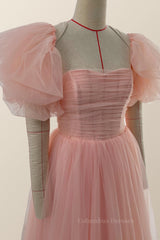 Prom Dress Long Open Back, Pink Tulle Midi Dress with Short Puffy Sleeves
