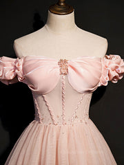 Party Dresses White, Pink tulle off shoulder long prom dress, pink tulle formal dress