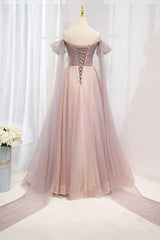 Homecoming Dresses Pockets, Pink Tulle Off the Shoulder Prom Dress with Beaded, A-Line Formal Evening Dress