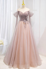Homecomming Dresses Fitted, Pink Tulle Off the Shoulder Prom Dress with Beaded, A-Line Formal Evening Dress