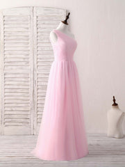 Bridesmaid Dresses Dusty Blue, Pink Tulle One Shoulder Long Prom Dress Pink Bridesmaid Dress