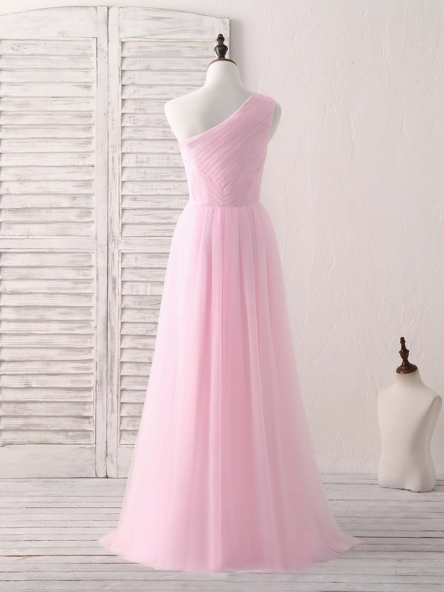 Bridesmaid Dress Dusty Blue, Pink Tulle One Shoulder Long Prom Dress Pink Bridesmaid Dress