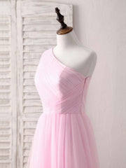 Simple Wedding Dress, Pink Tulle One Shoulder Long Prom Dress Pink Bridesmaid Dress