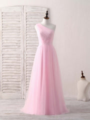 Long Sleeve Wedding Dress, Pink Tulle One Shoulder Long Prom Dress Pink Bridesmaid Dress