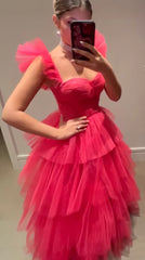 Party Dress Over 56, Pink tulle prom dresses long evening dress