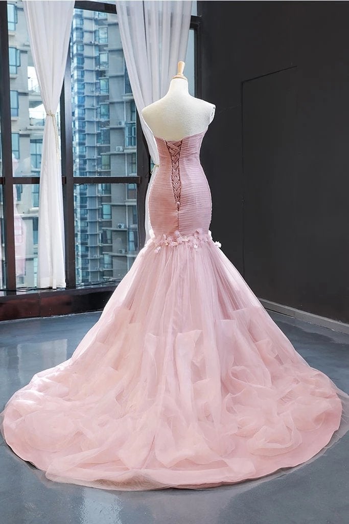 Weddings Dresses Lace, Pink Tulle Prom Dresses Sweetheart Mermaid Long Formal Dress with Ruffles,Wedding Party Dresses