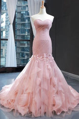 Wedding Dressed Lace, Pink Tulle Prom Dresses Sweetheart Mermaid Long Formal Dress with Ruffles,Wedding Party Dresses