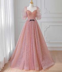 Evening Dresses For Party, Pink Tulle Puffy Sleeves Long Prom Dress, Pink A-line Evening Dresses