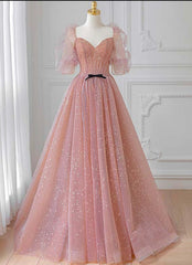 Evening Dresses Stunning, Pink Tulle Puffy Sleeves Long Prom Dress, Pink A-line Evening Dresses
