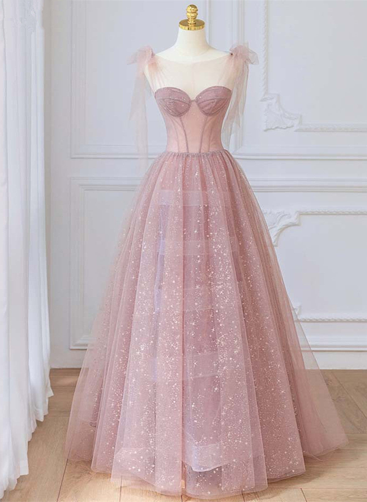 Wedding Dress, Pink Tulle Round Neckline A-line Party Dress, Pink Floor Length Evening Dress