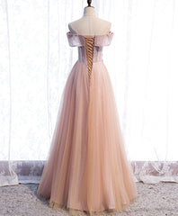 Prom Dress Sleeve, Pink Tulle Sequin Beads Long Prom Dress, Pink Tulle Formal Dresses
