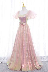 2026 Prom Dress, Pink Tulle Sequins Long Prom Dress, Cute Short Sleeve Evening Dress