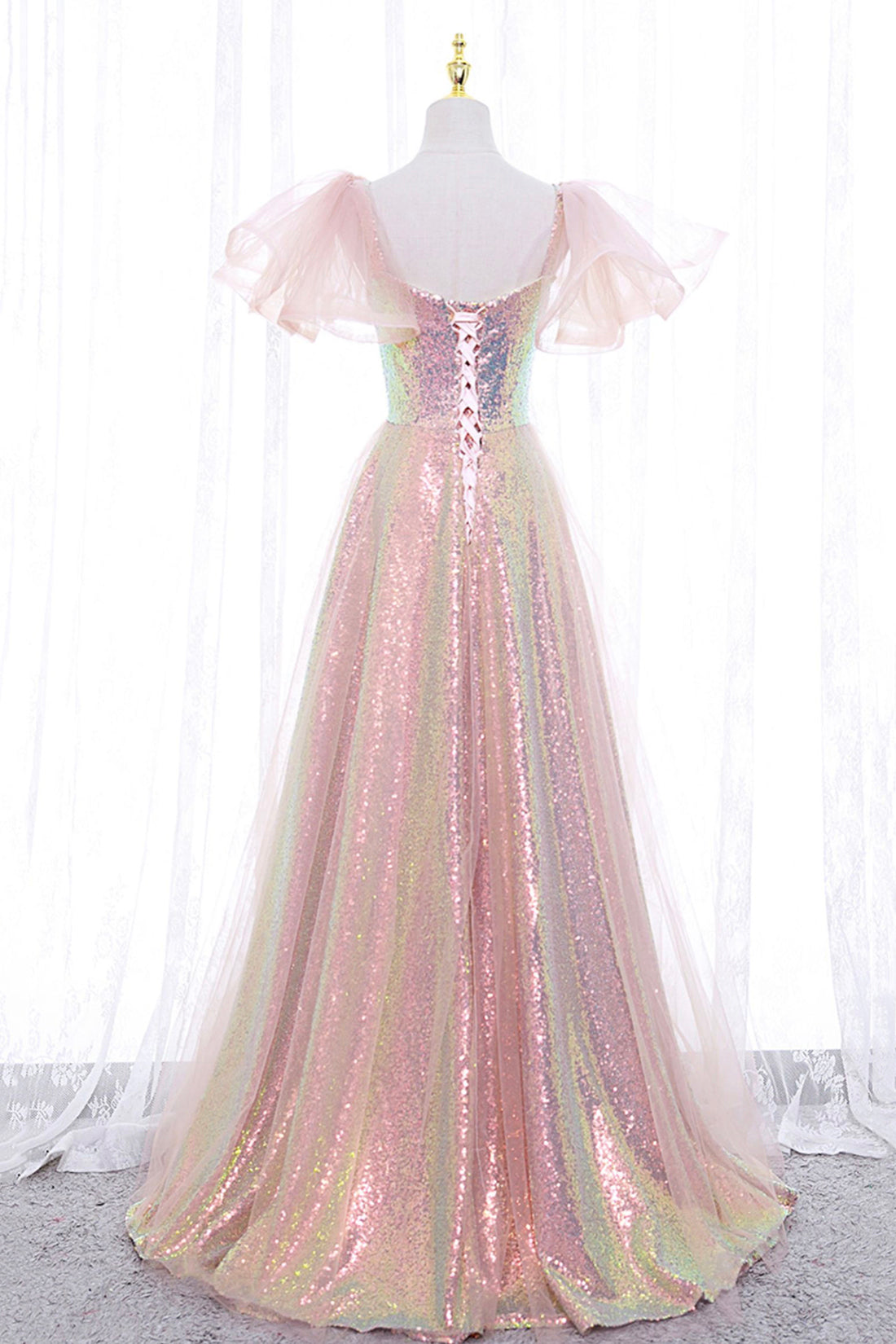 Evening Dress, Pink Tulle Sequins Long Prom Dress, Cute Short Sleeve Evening Dress
