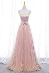 Corset Dress, Pink Tulle Sequins Long Prom Dress, Cute Short Sleeve Evening Dress