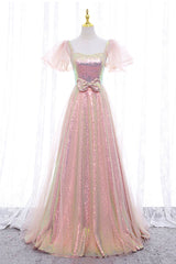 Evening Dress Elegant, Pink Tulle Sequins Long Prom Dress, Cute Short Sleeve Evening Dress