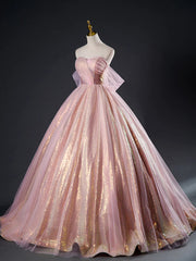 Wedding Guest Dress, Pink Tulle Sequins Long Prom Dress, Pink Tulle Long Formal Evening Gowns