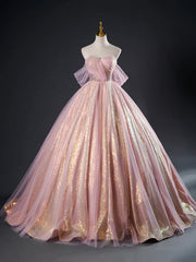 Prom Dresses Orange, Pink Tulle Sequins Long Prom Dress, Pink Tulle Long Formal Evening Gowns