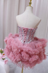 Bridesmaid Dress Designs, Pink Tulle Short Homecoming Dress with Rhinestones, Cute Party Dress