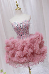 Bridesmaid Dresses Designs, Pink Tulle Short Homecoming Dress with Rhinestones, Cute Party Dress