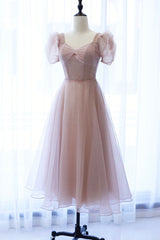 Bridesmaids Dresses Cheap, Pink Tulle Short Prom Dress, Cute Short Sleeve Party Dress