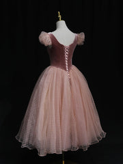 Party Dress Midi With Sleeves, Pink Tulle Short Prom Dress, Pink Tulle Puffy Homecoming Dress