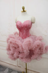 Formal Dress With Embroidered Flowers, Pink Tulle Short Prom Dress with Feather, Chic Pink Strapless Party Dress