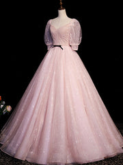 Formal Dressed Long, Pink Tulle Short Sleeves Ball Gown Long Formal Dresses, Pink Evening Dresses