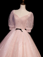Formal Dress Shops Near Me, Pink Tulle Short Sleeves Ball Gown Long Formal Dresses, Pink Evening Dresses
