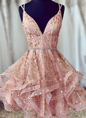 Braids, Pink Tulle Straps Lace-up Short Prom Dress Homecoming Dress, Pink Party Dress
