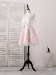 Prom Dresses For Short Girl, Pink Tulle Sweetheart Lace Short Prom Dress, Pink Homecoming Dress