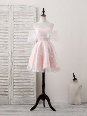 Prom Dress For Short Girl, Pink Tulle Sweetheart Lace Short Prom Dress, Pink Homecoming Dress