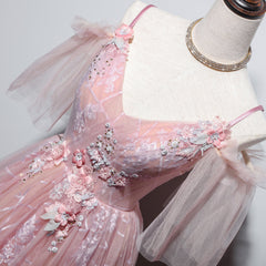 Wedding Invitations, Pink Tulle V-neckline Floral Long Prom Dress, Pink Straps Party Dress