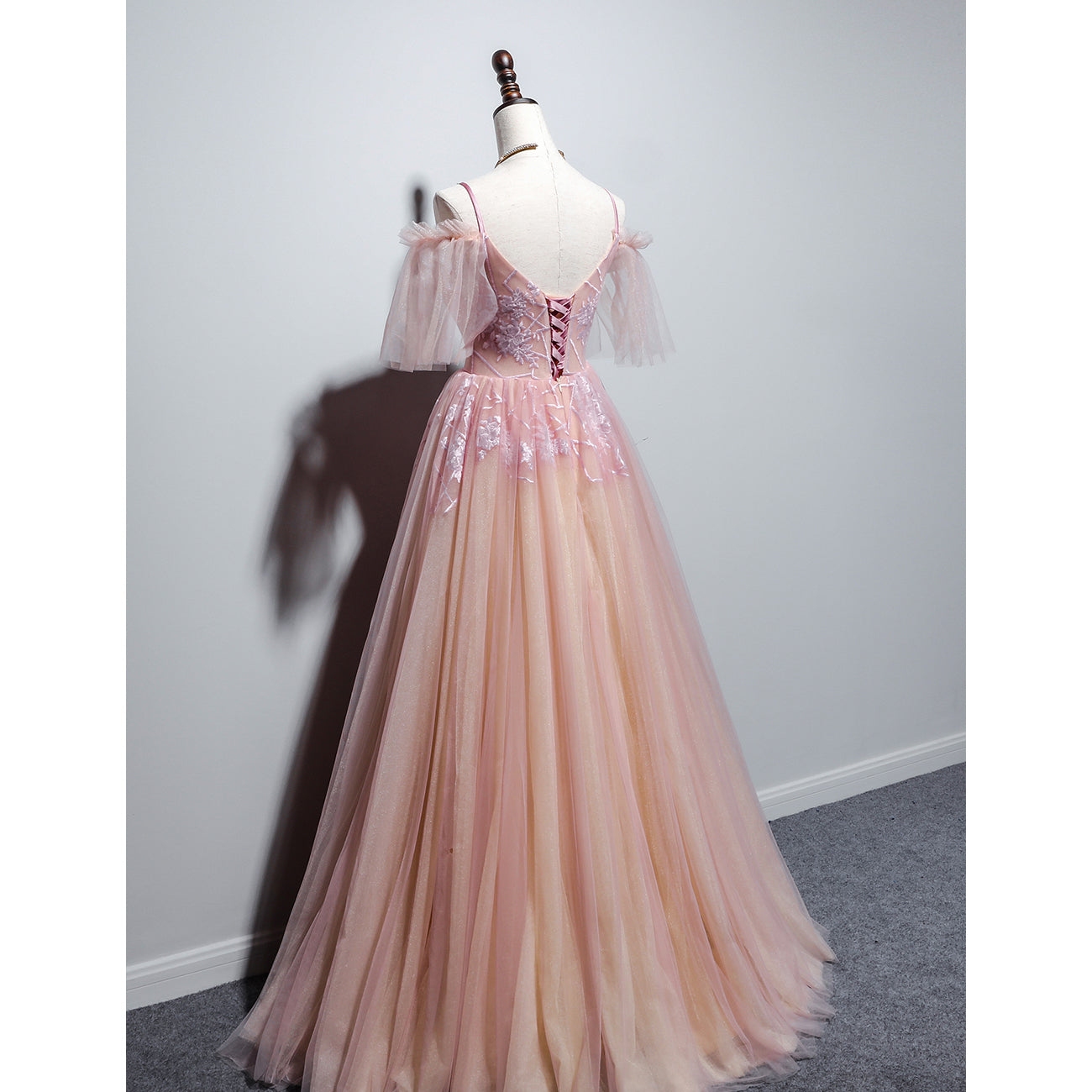 Bridesmaids Dresses Convertible, Pink Tulle V-neckline Floral Long Prom Dress, Pink Straps Party Dress