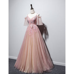 Bridesmaid Dresses Convertable, Pink Tulle V-neckline Floral Long Prom Dress, Pink Straps Party Dress