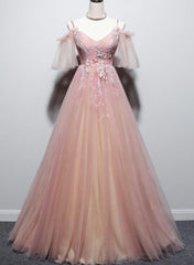 Bridesmaid Dress Long Sleeve, Pink Tulle V-neckline Floral Long Prom Dress, Pink Straps Party Dress