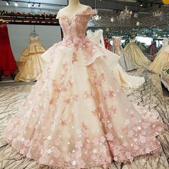 Evening Dress Green, Pink Tulle with Flowers and Beaded Long Party Dress, Pink Sweet 16 Gown