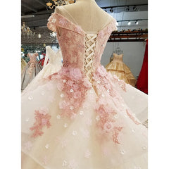 Evening Dress With Sleeves, Pink Tulle with Flowers and Beaded Long Party Dress, Pink Sweet 16 Gown