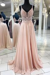 Homecoming Dresses For Kids, Pink v neck lace chiffon long prom dress, pink formal dress