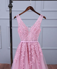 Party Dresses Halter Neck, Pink V Neck Lace Tulle Long Prom Dress, Lace Evening Dresses